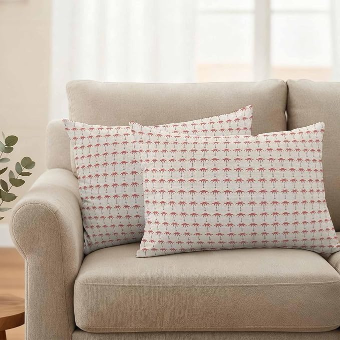 Palm Trees Outdoor Pillow Covers 20"x12" Set of 2, Summer Vintage Nautical Coastal Beach Ocean Red Tree Waterproof Throw Pillow Covers for Patio Furniture, Decorative Cushion Covers for Porch