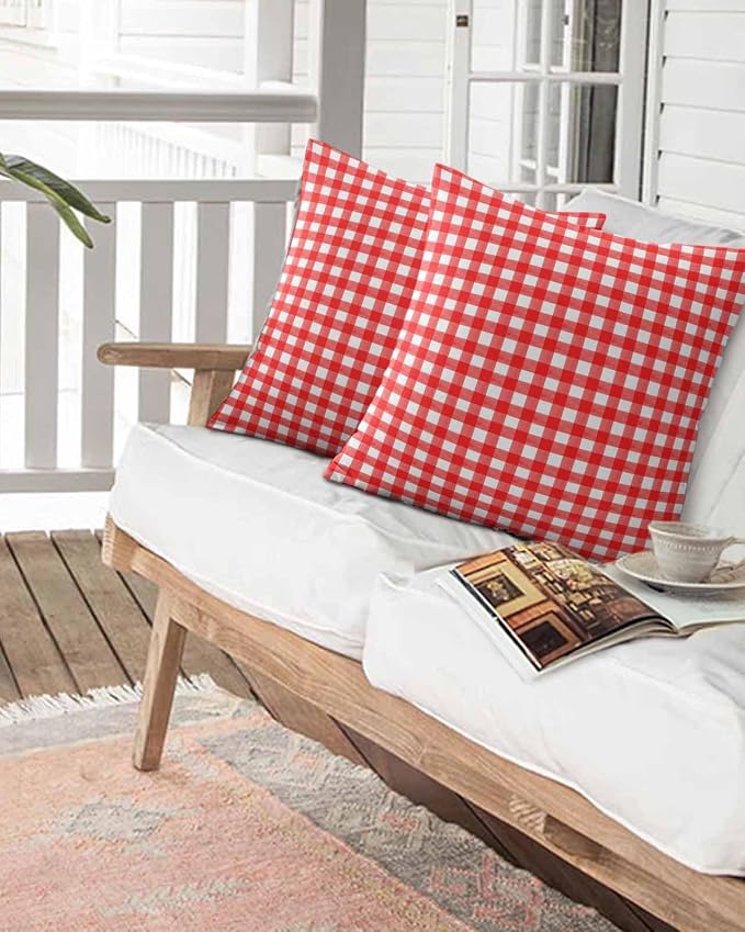 Outdoor Waterproof Throw Pillows Country Red Buffalo Plaid Patio Pillows Pack of 2,Decorative Pillow Covers with Insert,Pillow Cushion Case for Garden Couch Sofa Classic Gingham Check