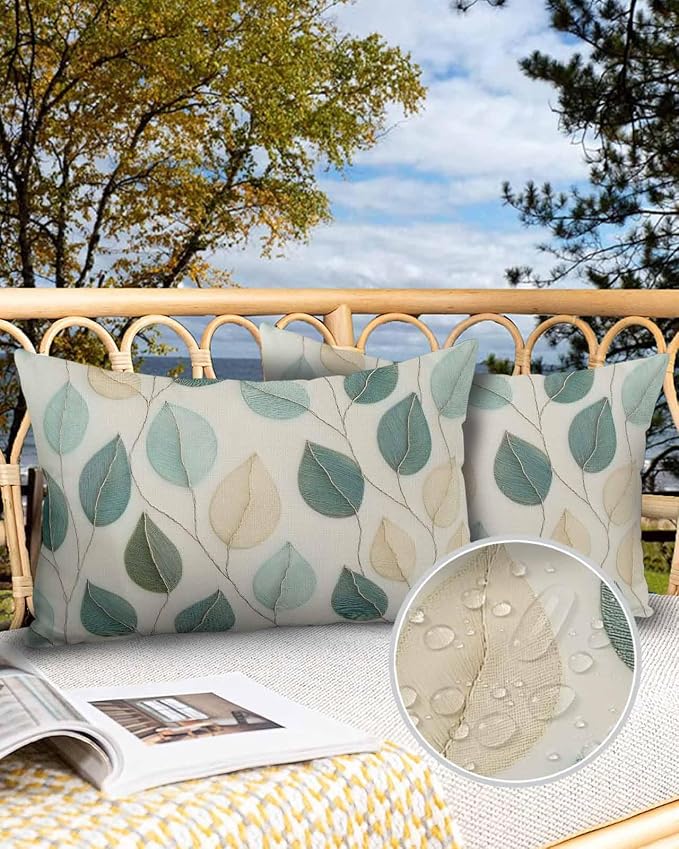 Outdoor Waterproof Throw Pillows Farmhouse Teal Green Leaf Patio Pillows Pack of 2,Decorative Pillow Covers with Insert,Pillow Cushion Case for Garden Couch Sofa Vintage Watercolor Leaves