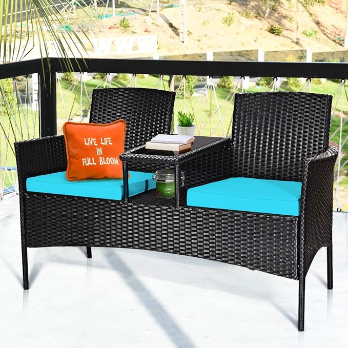 HAPPYGRILL Outdoor Rattan Loveseat Set Patio Wicker Conversation Set with Removable Cushions, Wicker Sofa Furniture Set with Coffee Table for Garden Lawn Backyard