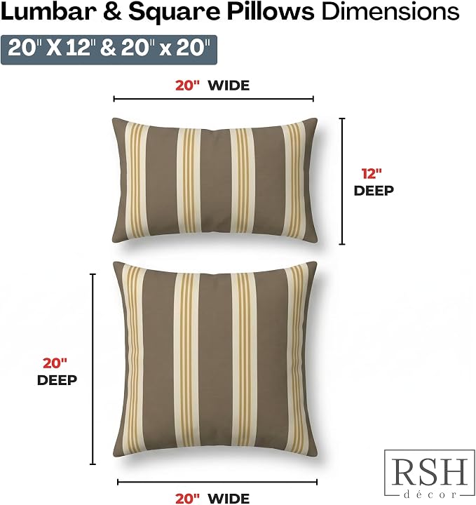 RSH DECOR: Outdura Lumbar & Square Pillows Set of 4 | 20" x 12" & 20" x 20" | Water and Fade-Resistant Fabric | Outdoor Throw Pillows for Patio Furniture | Made in USA (Tory Alloy)