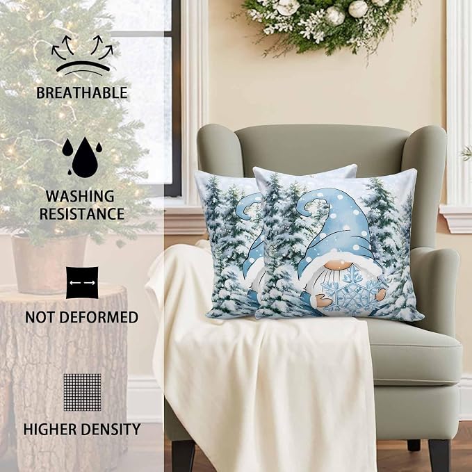 Christmas Gnome Outdoor Pillow Covers Set of 2, Xmas Blue Snowflake Decorative Waterproof Throw Pillowcase Winter Snowy Pine Forest Cotton Linen Soft Cozy Cushion Cover Pillowsham 20x20In