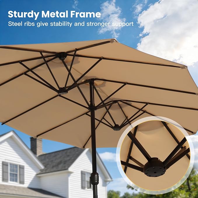7 Pieces Patio Dining Set with Patio Umbrella, Outdoor Furniture of 63" Rectangular Patio Table and Patio Swivel Chairs for Backyard Lawn Garden, Walnut Table and Black Chairs