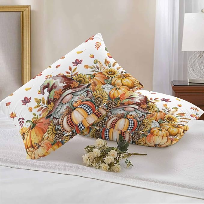 Fall Gnomes Outdoor Waterproof Pillow Covers, Thanksgiving Pumpkins Leaf Sunflowers Farm Decorative Rectangle Throw Pillowcase Sofa Cushion Sham for Patio/Couch/Chair, 20"x12" 2 Pack
