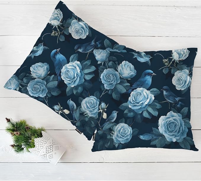 Swono Rose Set of 2 Decorative Throw Pillow Covers Cushion Case, Watercolor Blossom Roses Peony Farmhouse Pillowcase Cozy Pillow Cover for Couch Sofa Bed Garden Chair Car 18 X 18 Inch Blue