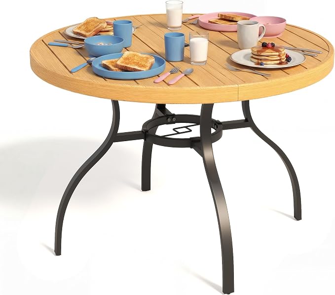 41” Patio Outdoor Dining Table, Wood-Grain Patio Round Table with Umbrella Hole, All-Weather Metal Dining Table for Party, Lawn & Garden