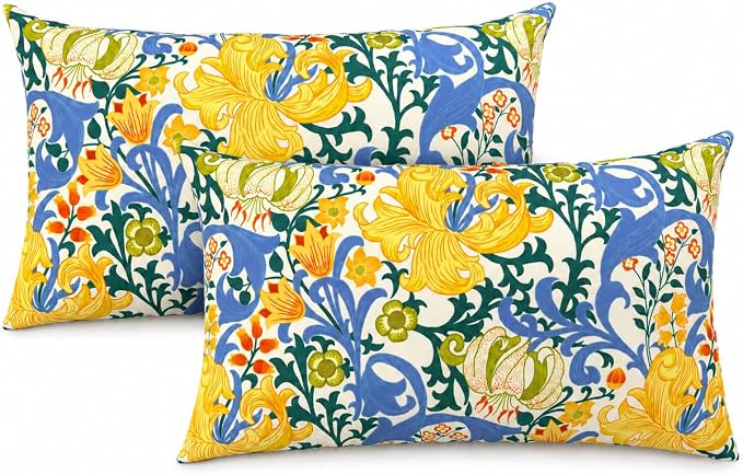Pack of 2 Patio Lumbar Pillows 12"x20" | Fade Resistant Outdoor Waterproof Lumbar Pillow with Inners Decorative Garden Lumbar Cushions for Home Patio Terrace Sofa