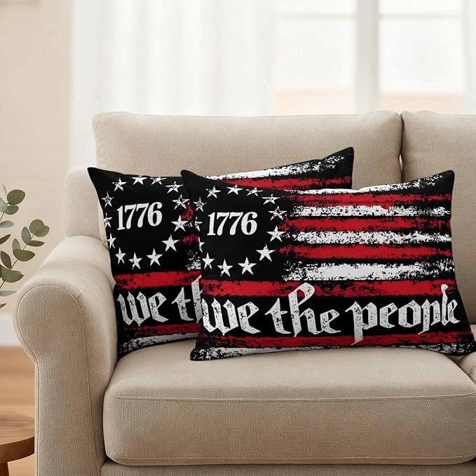 We The People Outdoor Pillow Covers 20"x12" Set of 2, Independence Day Distressed Red White Flag Waterproof Throw Pillow Covers for Patio Furniture, Decorative Cushion Covers for Porch