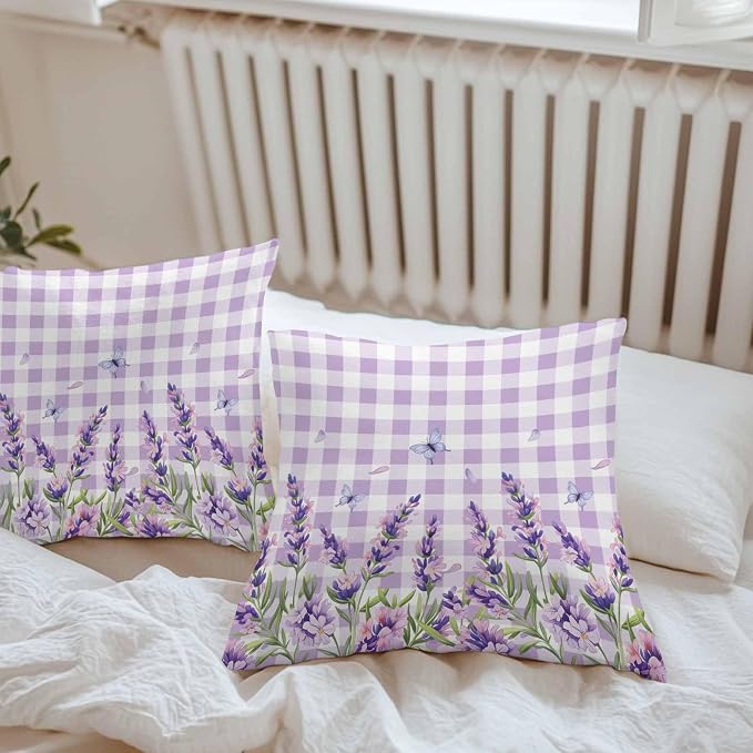 Vandarllin Outdoor Throw Pillows Covers 26x26 inch Set of 2 Waterproof Purple Lavender Flower Decorative Zippered Cushion Covers for Patio Furniture, Butterfly Buffalo Plaid Lumbar Pillowcases