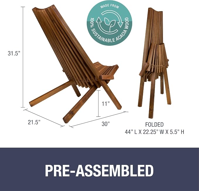 CleverMade Tamarack Folding Wooden Outdoor Chair -Stylish Low Profile Acacia Wood Lounge Chair for the Patio, Porch, Lawn, Garden or Home Furniture - Cinnamon