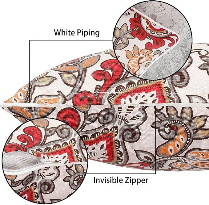 Magpie Fabrics Pack of 2 Outdoor Lumbar Pillow Case Covers 12"x20", Waterproof Rectangular Throw Pillowcase Shell Decorative Sham for Patio Garden Couch - Floral Red Orange