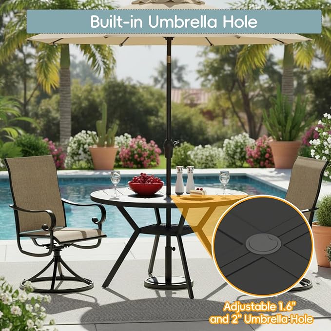 47" Outdoor Patio Table Dining Table All Weather Metal Round Patio Dining Table with Adjustable Umbrella Hole Patio Furniture for Lawn Garden Backyard, Black