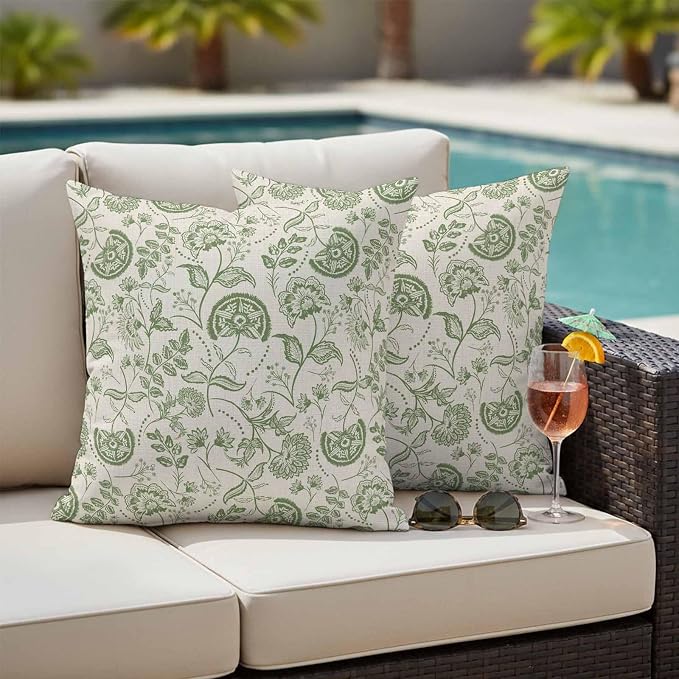 Outdoor Pillow Covers 26x26 Set of 2, Sage Green Spring Floral Waterproof Patio Throw Pillow Covers for Couch Sofa Chair, Retro Summer Botanical Farmhouse Decorative Pillowcases for Throw Pillows