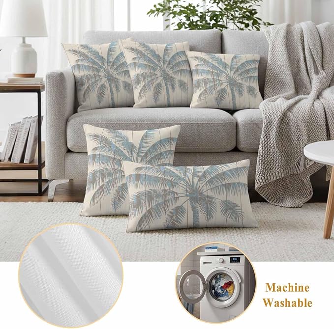 Summer Palm Trees Waterproof Outdoor Pillow Covers 16''x16'' Set of 2, Summer Wood Grain Patio Furniture Vintage Cushion Covers for Chairs, Decorative Blue Tropical Pillow Cases for Garden/Pool/Beach