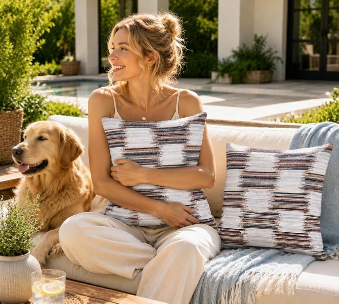 Outdoor Pillow Covers Waterproof Throw Pillow Covers, Set of 2 Jacquard Texture Water Resistant Fade Resistant Decorative Cushion Covers for Garden Patio Bench Couch Sofa, 18x18 Inch (Woven Rainbow)