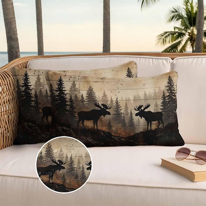 Nature Landscape Outdoor Waterproof Pillow Covers Pack of 2, Rustic Moose Forest Pine Silhouettes Wildlife Throw Pillowcases Decorative Cushion Covers for Garden Patio Tent Sofa Couch, 20x12 inch