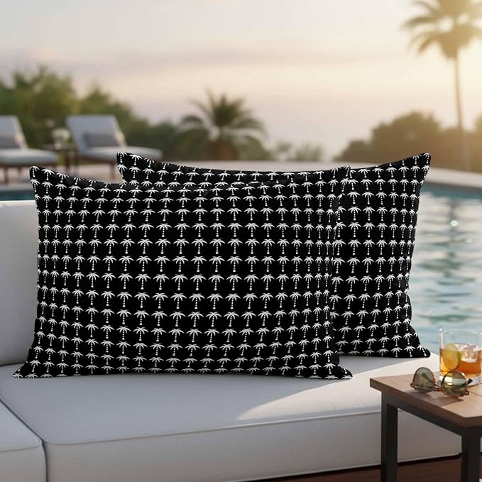 Palm Trees Outdoor Pillow Covers 20"x12" Set of 2, Summer Vintage Nautical Coastal Beach Ocean Black Tree Waterproof Throw Pillow Covers for Patio Furniture, Decorative Cushion Covers for Porch