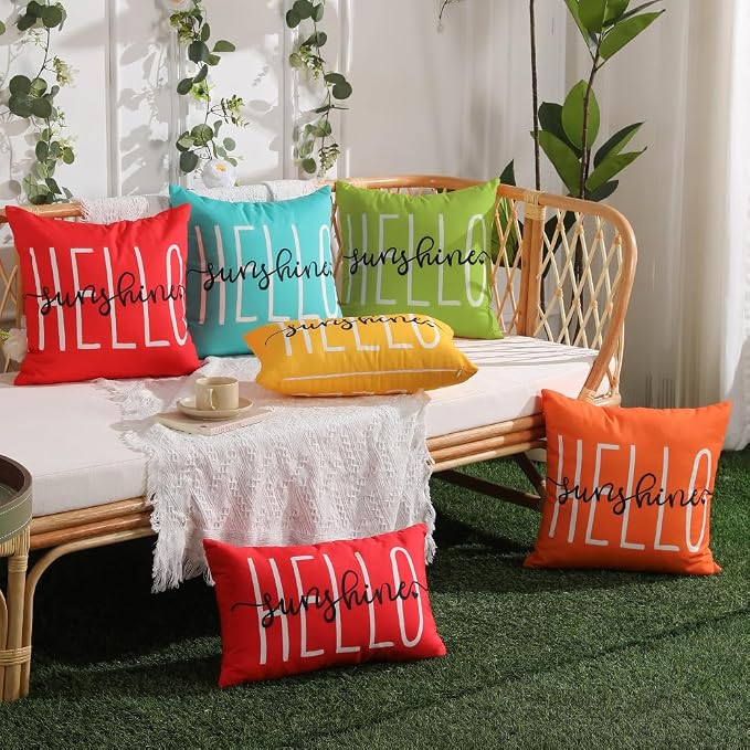 DFXSZ Grass Green Outdoor Waterproof Pillow Covers 16x16 Set of 2 | Hello Sunshine Decor Spring Summer Polyester Pillow Covers(NO INSERTS)| Decor for Patio Funiture Garden Sofa Couch