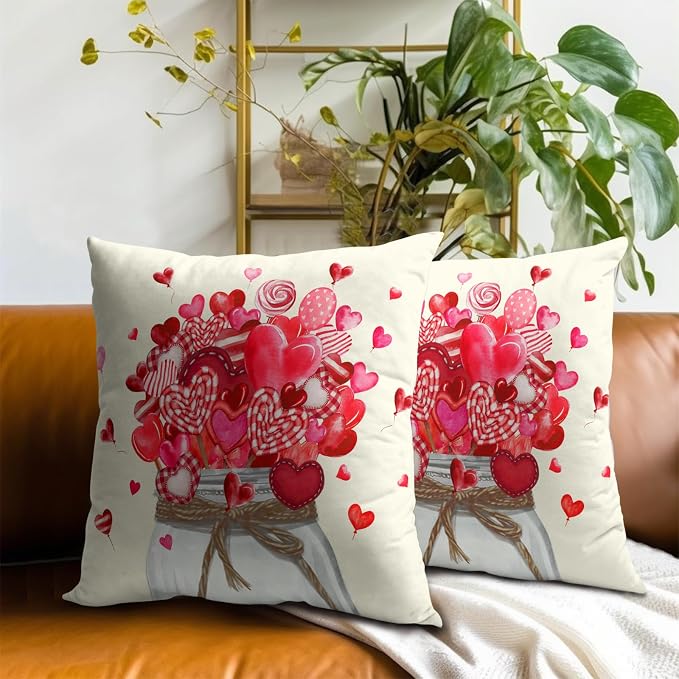 Valentines Day Throw Pillow Covers 18x18 Set of 2, Cute Love Heart Candy Canes Decorative Pillowcases Square Cushion Cover for Couch Bed Sofa Anniversary Wedding Home Decor