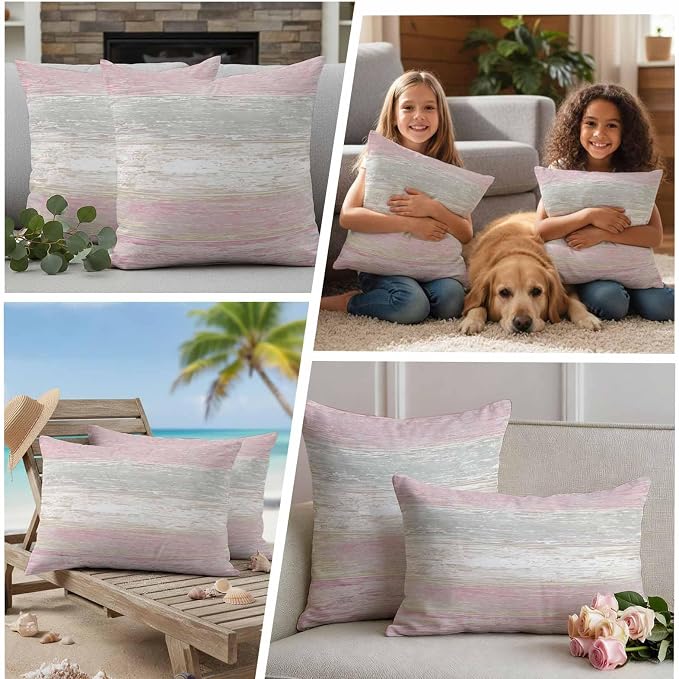 Outdoor Waterproof Throw Pillow Covers, Vintage Pink Grey Decorative Pillow Cases, Farmhouse Barn Wooden Striped Couch Pillow Protector Patio Sofa Cushion Covers Replacement 24"x24" 2 Pack