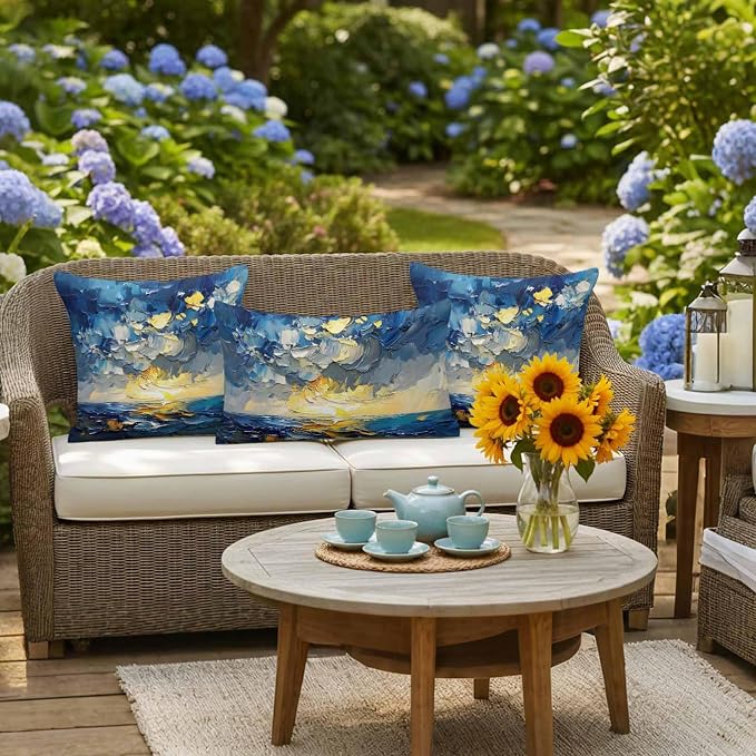 Modern Abstract Waterproof Outdoor Pillow Covers Set of 2 Home Decor, Blue Yellow Abstract Ombre Oil Painting Pillowcase Patio Pillow Covers for Couch Bench Furniture Garden 26x26in
