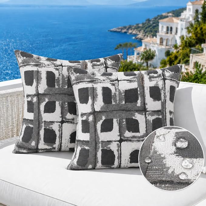 Indoor Outdoor Waterproof Throw Pillow Covers, Pack of 2 UV Fade Resistant Pillowcase Shell Cushion Sham for Garden Patio Tent Balcony Couch Sofa, 18 x 18 Inch (Gray Geometric)