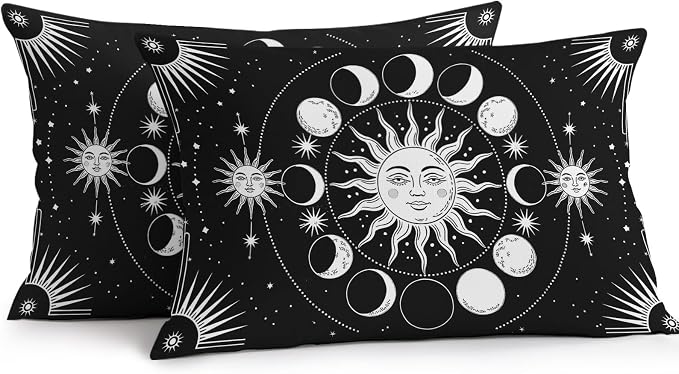 Celestial Sun and Moon Waterproof Outdoor Pillow Covers Set of 2 Home Decor, Black Starry Galaxy Boho Lumbar Pillowcase Patio Pillow Covers for Couch Bench Patio Furniture Garden 20x12in