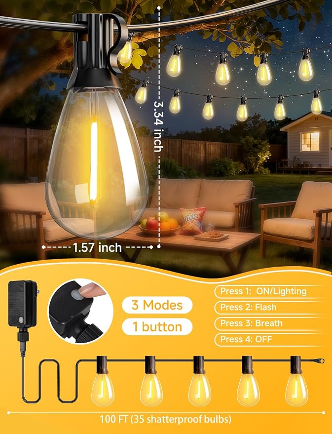 100FT Outdoor String Lights with Remote, LED Patio Lights with 35+1 Waterproof S11 Bulbs, Outside Dimmable 2700K Warm White, Timer & 3 Modes,for Backyard Garden Deck Porch Balcony Gazebo Party Decor