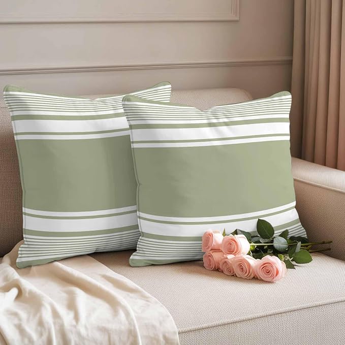 Vandarllin Outdoor Throw Pillows Covers 24x24 inch Set of 2 Waterproof Sage Green Stripes Decorative Zippered Cushion Covers for Patio Furniture, Striped Lines Lumbar Pillowcases