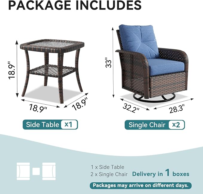 LazySunsets 3 Piece Outdoor Patio Furniture Set, Wicker Rattan Outdoor Furniture with High Back Swivel Rocker Chairs, Outdoor Sofa Set with Thick Cushions & Side Table, Navy Blue