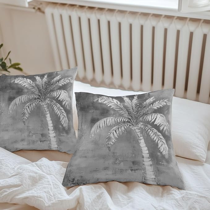 Coastal Beach Tree Grey Outdoor Waterproof Pillow Covers, Vintage Summer Palm Tree Decorative Square Throw Pillowcase, Tropical Botanical Sofa Cushion Sham for Patio/Couch/Chair, 24"x24" 2 Pack