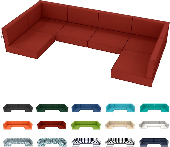 Outdoor Sectional Cushions 14-Piece Replacement Cushions Set for 6-Seat Patio Furniture Waterproof 4'' Thick Outdoor Sofa Cushion Patio Wicker Couch Cushion (Red, 14-Piece Set)
