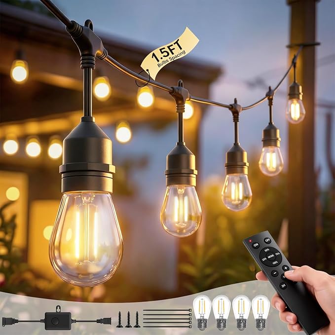 100FT S14 Outdoor String Lights, 64+4 Shatterproof Bulbs 2W, 1.5FT Spacing IP65 Waterproof| Dimmable with Remote, Heavy-Duty, Include Screw & Zip Ties for Patio Backyard Holiday Outside