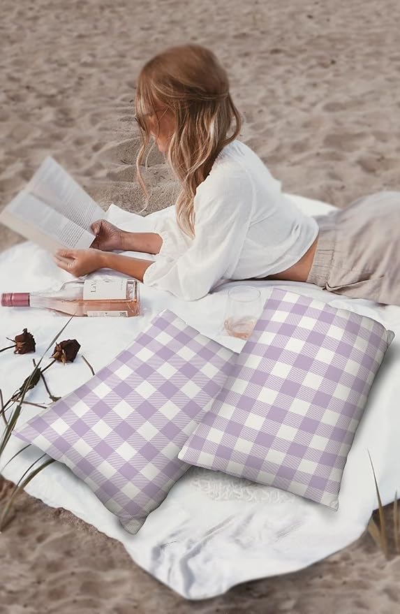 Outdoor Waterproof Throw Pillow Covers Set of 2 Lavender Buffalo Check Plaid Lumbar Pillowcases 20x12 Inches Farmhouse Style Patio Decorative Pillows Cushion Case Patio Pillows for Couch Bed Garden