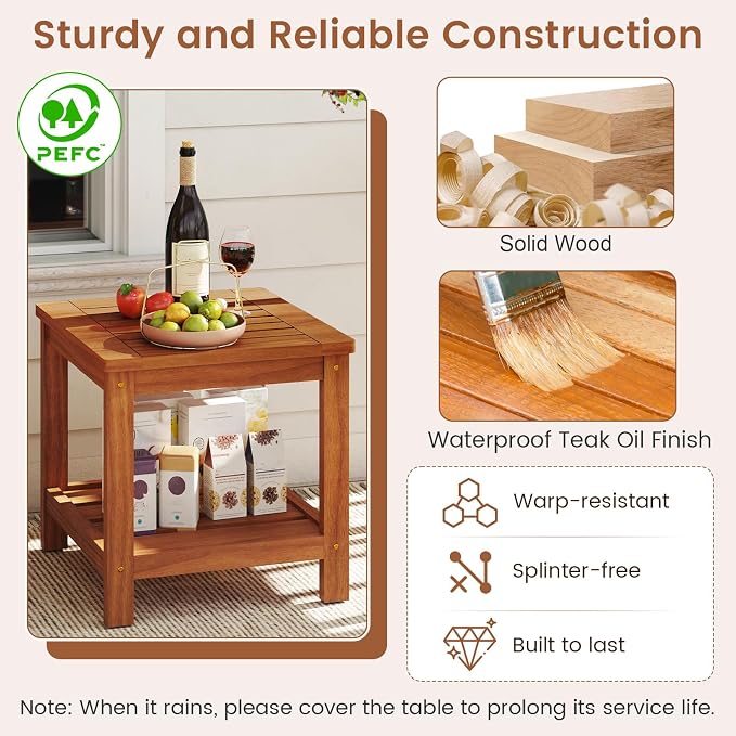 HAPPYGRILL 2-Tier Outdoor Wood Side Table with Storage Shelf, Patio Wooden End Table, Farmhouse Accent Nightstand, for Garden Yard Porch Deck Living Room (2)