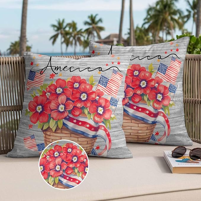 4th of July Floral Waterproof Outdoor Pillow Covers Set of 2 Home Decor, Patriotic Star Stripe Flag Grey Wood Pillowcase Patio Pillow Covers for Couch Bench Furniture Garden 26x26in