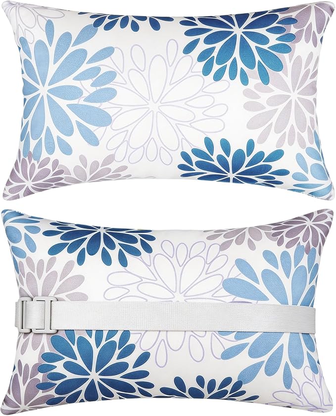 cygnus 2pcs Chaise Lounge Pillow with Strap Outdoor Waterproof Pool Chair Neck Headrest Pillows with Adjustable Elastic Band for Beach Patio Chair Recliner 16 x 11 Inches,Blue Gray Floral