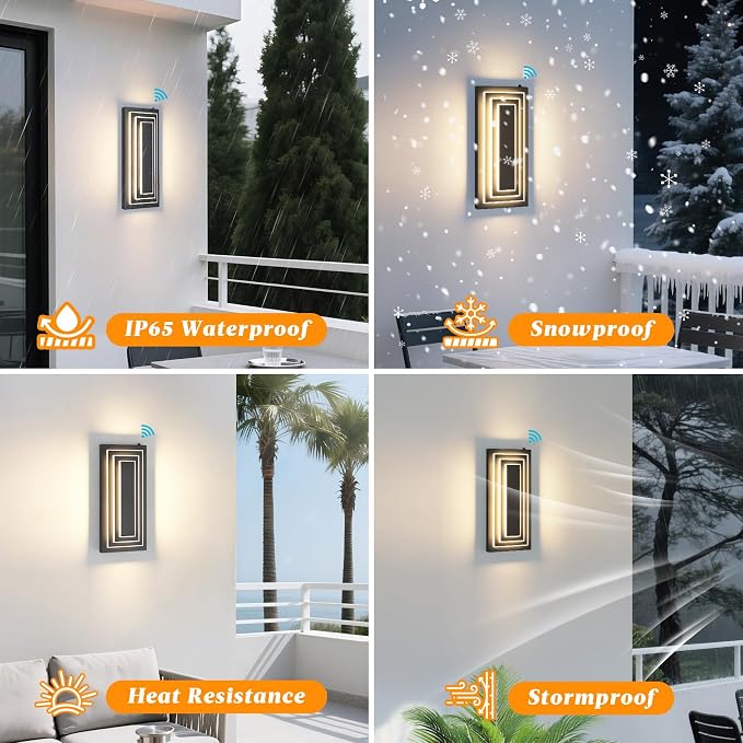 Dawn to Dusk Outdoor Light Fixture,Exterior Wall Light,15.7 in,24 W | 3-Tier Black Modern Outdoor Wall Sconce,Outdoor Lights For House,Front Door, Patio, Waterproof, LED 3000K Warm White, 2 Packs