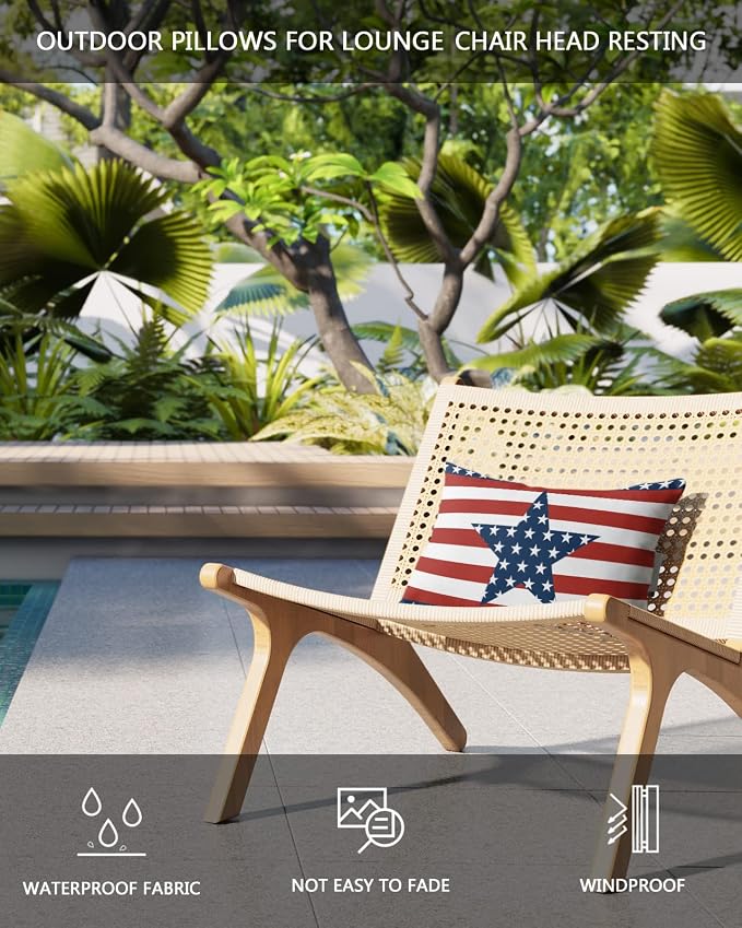 Outdoor Lumbar Pillows with Adjustable Band,Independence Day Chic White Star on Blue Waterproof Recliner Throw Pillow Chaise Lounge Cushion with Insert for Beach,Graden Red White Stripes 1 Pack