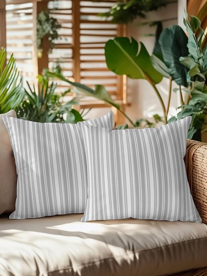 Waterproof Outdoor Pillow Set of 2 Grey Stripes Decorative Throw Pillows Cover & Insert 18x18 Inch Pillowcase White Lines Lines Square Pillows for Couch Sofa Bed Patio Furniture Indoor Outdoor
