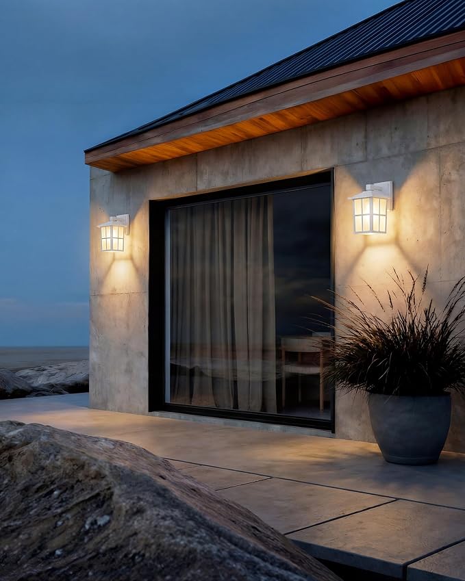 KDG White Outdoor Waterproof Modern Patio Wall Light Fixtures Set of 2 | E26 Socket Exterior Lanterns & Sconce with Tempered Glass, Wall Mounted Lamps for Home, Front Door, Garden, Garage, Porch