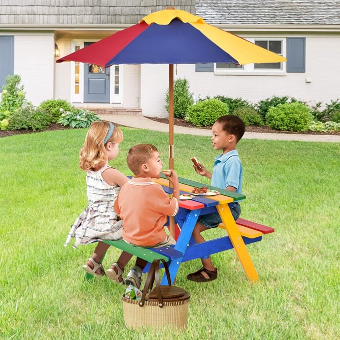 HONEY JOY Kids Picnic Table, Fir Wood Toddler Outdoor Table and Bench Set with Foldable & Removable Umbrella, Kids Picnic Tables for Outdoors, Backyard Furniture for Kids(Colorful)