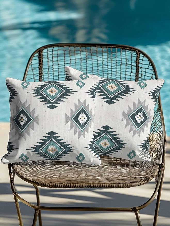 Waterproof Outdoor Pillow Set of 2 Turquoise Boho Aztec Decorative Throw Pillows Cover & Insert 16x16 Inch Pillowcase Southwest Tribal Style Pillows for Couch Sofa Bed Patio Furniture Indoor Outdoor
