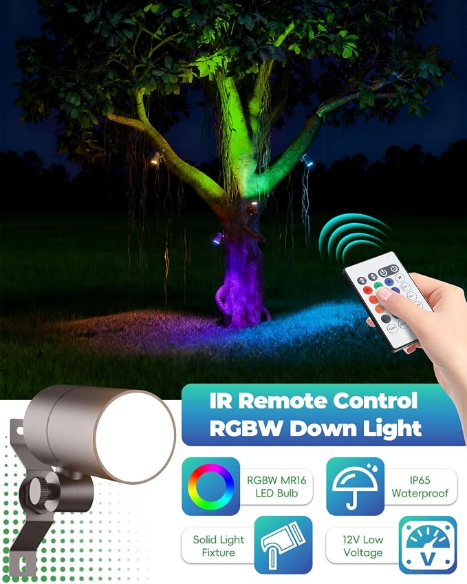 12V Low Voltage Landscape Light for Down Light Tree Lights, Remote Control RGBW MR16 LED Bulb, RGB+CCT Tunable 2700K-6500K, IP65 Waterproof Spotlight for Outdoor Garden Yard Fence (Brown)