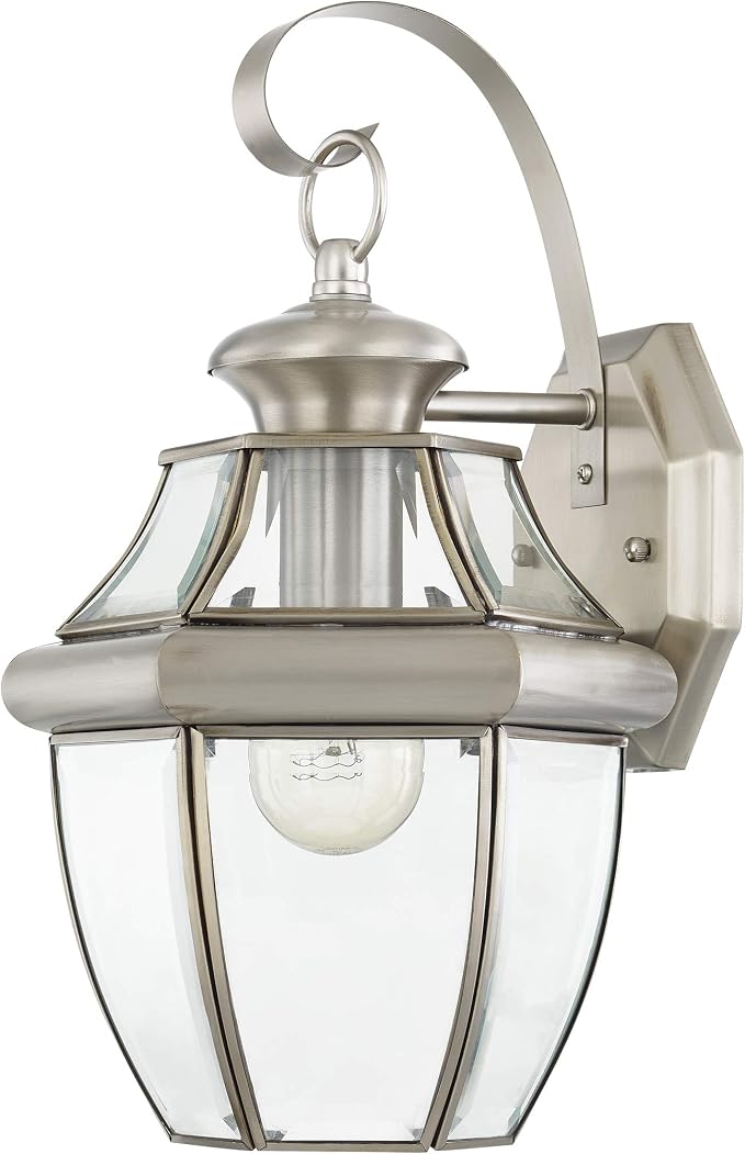 Livex Lighting 2151-91 Monterey 1 Light Outdoor Brushed Nickel Finish Solid Brass Wall Lantern with Clear Beveled Glass 13" x 8.5" x 8.25" | Dimensions: 13" x 8.5" x 8.25"; Clear Beveled Glass 13" x 8.5" x 8.25"; Solid brass construction