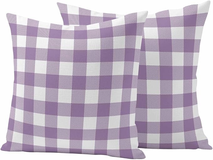 Waterproof Throw Pillow Covers 18x18 Set of 2, Farmhouse Purple White Buffalo Lattice Outdoor Pillowcases with Invisible Zipper, Pastoral Gingham Decorative Cushion Covers for Patio Garden Sofa Couch