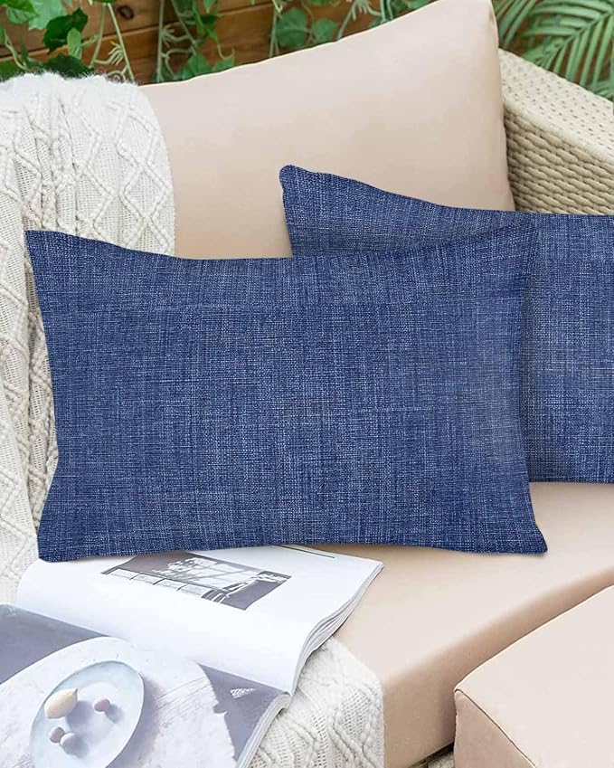 Vandarllin Outdoor Throw Pillows Covers 20x12 inch Set of 2 Waterproof Navy Blue Linen Decorative Zippered Cushion Covers for Patio Furniture, Farmhouse Pure Color Lumbar Pillowcases