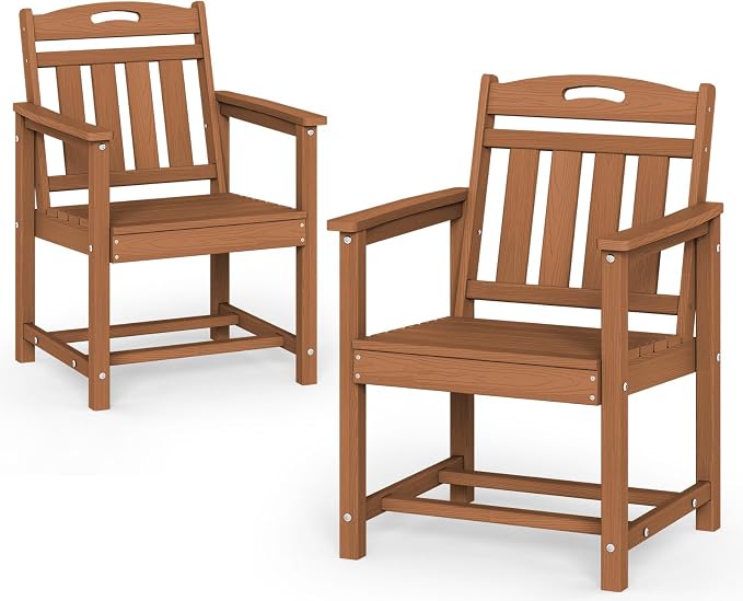 Set of 2 Weatherproof Patio Chairs - HDPE Outdoor Dining Chairs with Wide Seat, Ergonomic Design - for Garden, Backyard, Deck - Teak