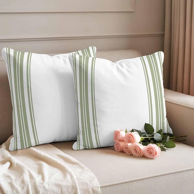 Outdoor Waterproof Throw Pillow Covers Set of 2 Sage Green Stripes Pillowcases 16x16 Inches White Vertical Striped Decorative Pillows Cushion Case Patio Pillows for Couch Bed Chair Garden