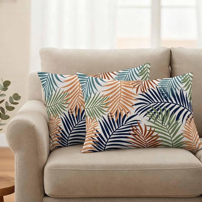 Outdoor Waterproof Throw Pillow Covers, Colorful Palm Leaves Decorative Pillow Cases, Summer Botanical Tropical Leaf Couch Pillow Protector Patio Sofa Cushion Covers Replacement 20"x12" 2 Pack